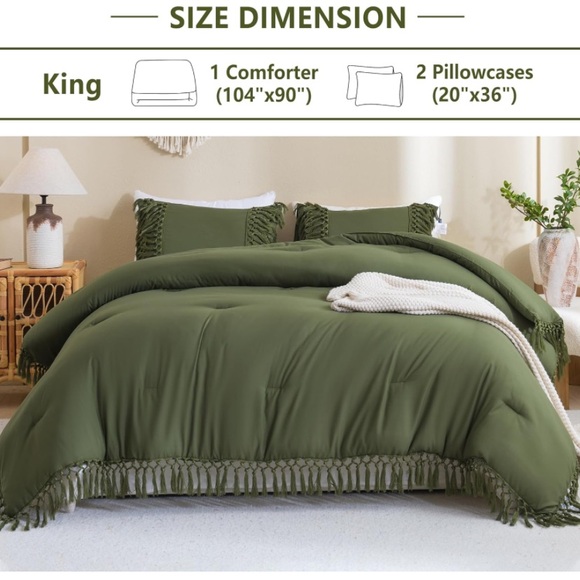 Olive green bohemian tassel comforter set 3 pcs king queen - Picture 6 of 8